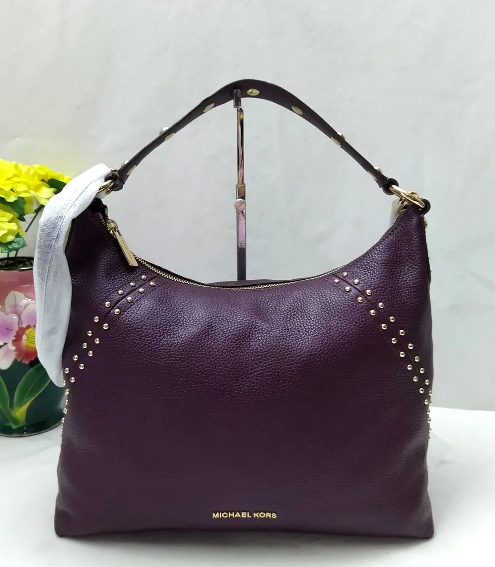 Michael Kors Aria Purple Pebbled Leather Studded Zipper Closure Shoulder Bag